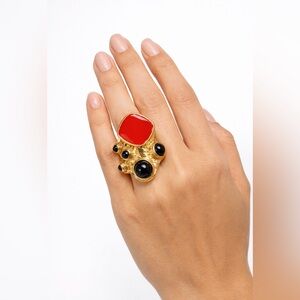 Bold Gold Statement Cocktail Ring with Red Enamel & Black Resin Details